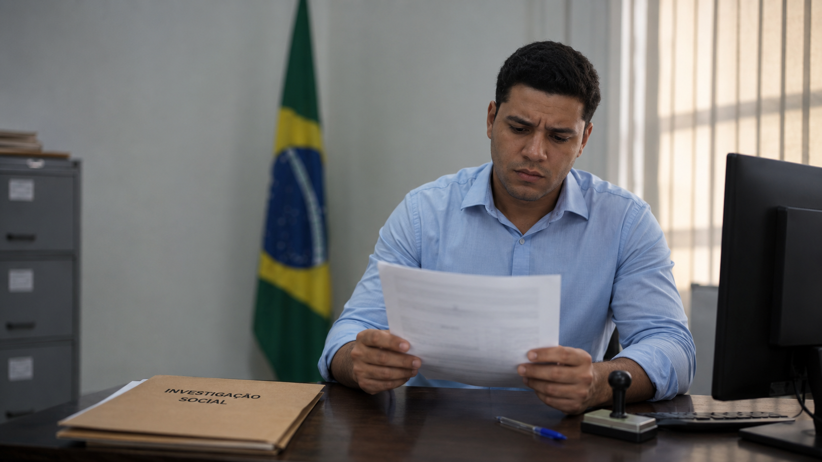 Candidato lê decisão de eliminação por processo criminal em concurso público em repartição pública