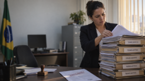 Servidora analisa pilha de termos aditivos que caracterizam contratação temporária irregular em órgão público