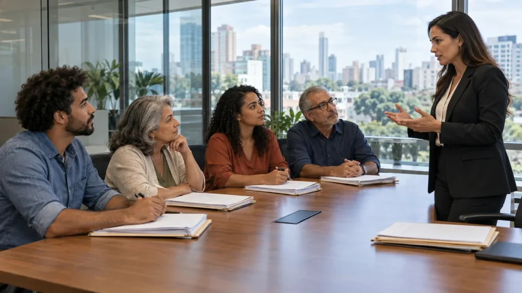 Grupo de candidatos reunido com advogada para discutir ação coletiva em concurso público