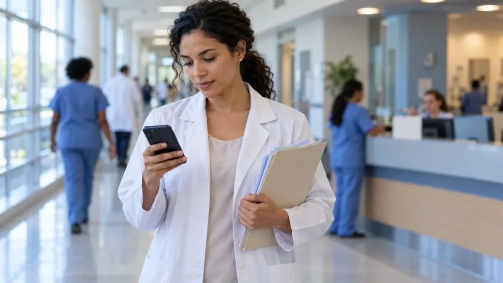 Profissional de saúde confere o celular no corredor do hospital aguardando convocação do cadastro de reserva da EBSERH