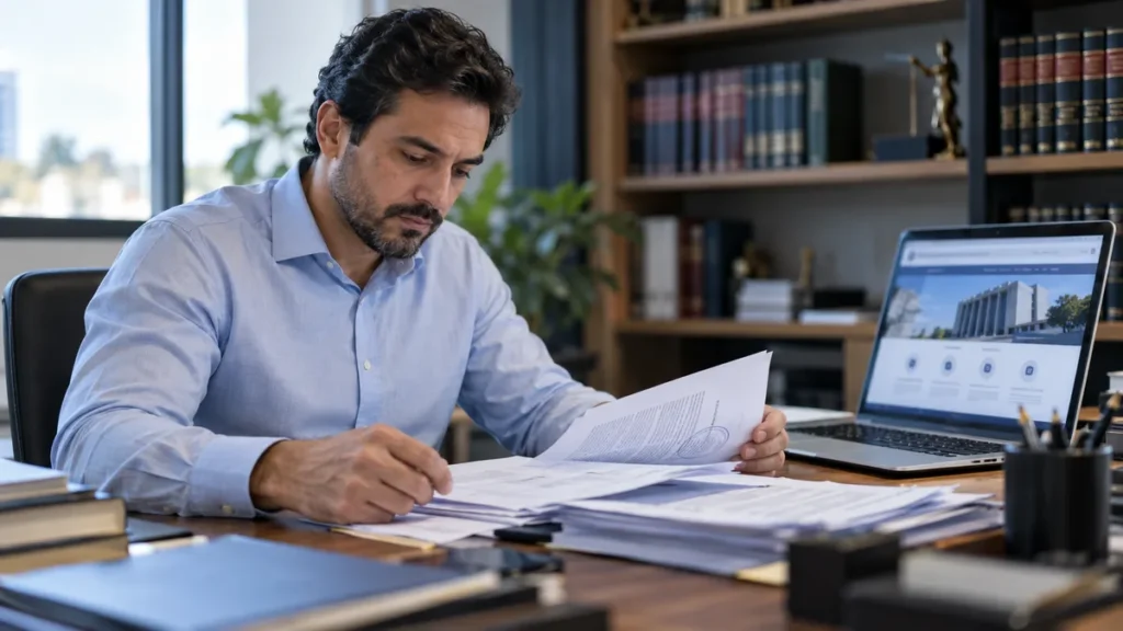 Lei de Acesso à Informação em concurso público: candidato organiza protocolos e documentos oficiais sobre a mesa