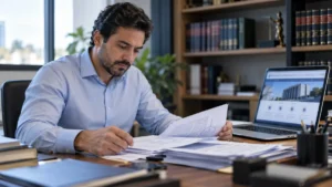 Lei de Acesso à Informação em concurso público: candidato organiza protocolos e documentos oficiais sobre a mesa