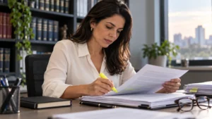 Candidata lê e marca o edital de concurso público para conferir o número de vagas previsto